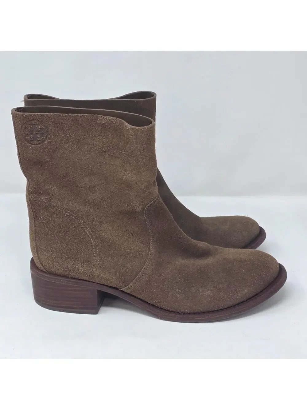 Tory Burch Siena Bootie Womens 9M Brown River Rock embossed Logo Boho Western